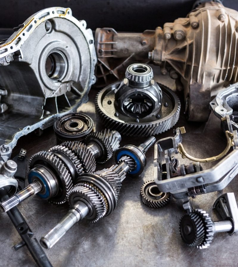 Close-up of various work tools on worktop at repair garage